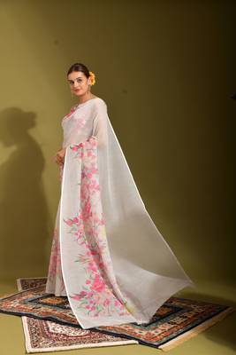 Ethnic White Colour Printed Linen Saree 3