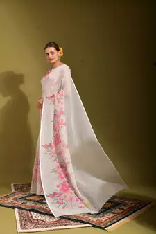 Ethnic White Colour Printed Linen Saree