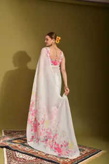 Ethnic White Colour Printed Linen Saree