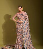 Premium Printed Peach Colour Saree In Linen Fabric For Trendy Looks