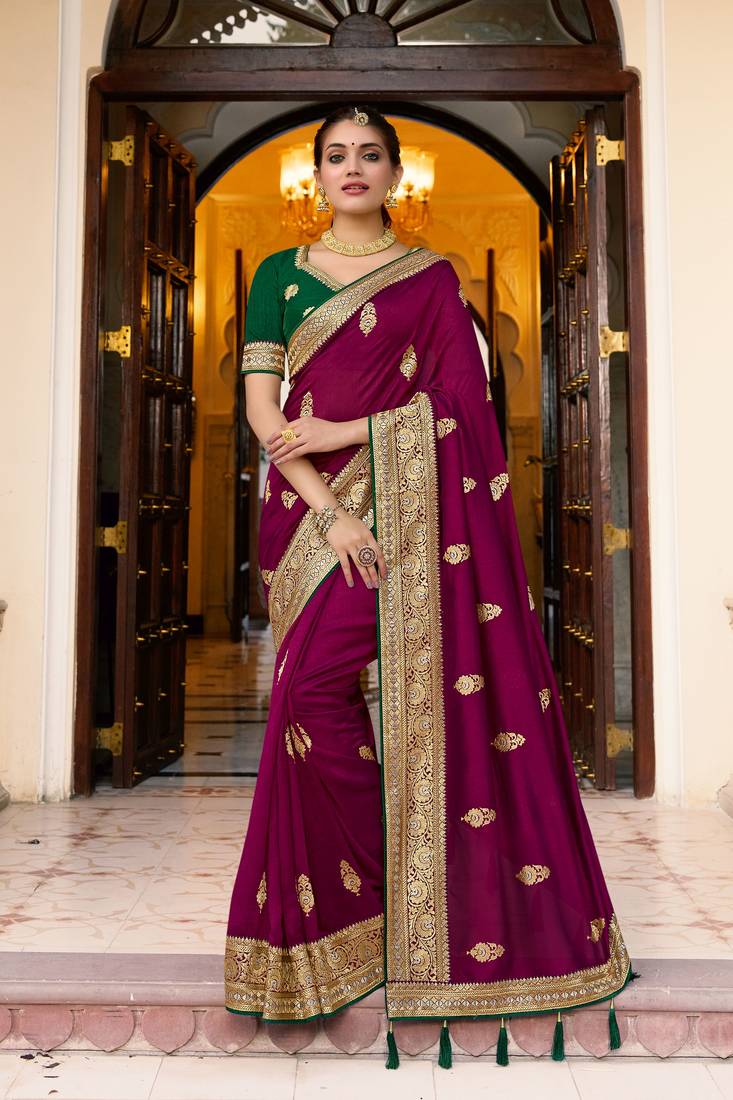 Amazing Wedding Season Designer Jari Embroidery Work Vichitra Silk Saree In Wine Colour