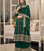 Georgette Heavy Designer Embroidery Work Salwaar Kameez In Ethnic Green Colour