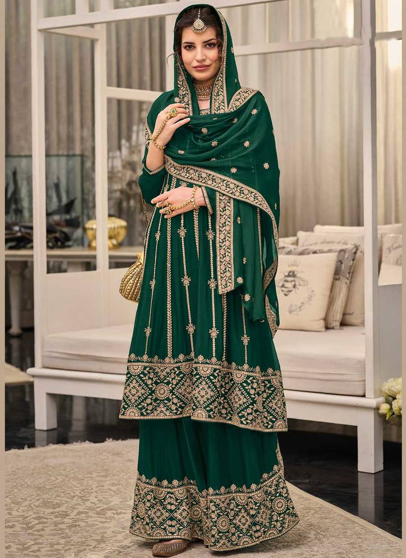Georgette Heavy Designer Embroidery Work Salwaar Kameez In Ethnic Green Colour