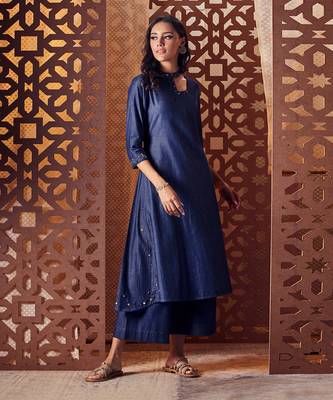 Blue Denim kurta with pant and dupatta 4