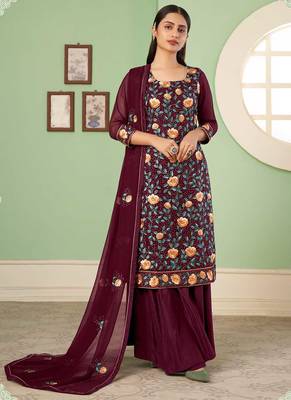 Ethnic And Girlish Floral Thread Work Salwaar Kameez In Maroon Colour 1