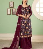 Ethnic And Girlish Floral Thread Work Salwaar Kameez In Maroon Colour