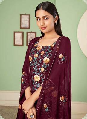 Ethnic And Girlish Floral Thread Work Salwaar Kameez In Maroon Colour 2