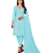 Beautiful Sky Blue Colour Cotton Dress With Sober Embroidery Work