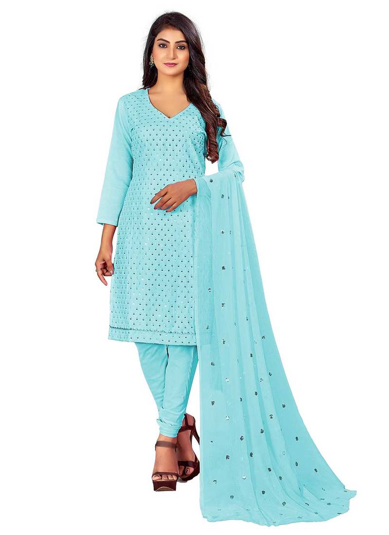 Beautiful Sky Blue Colour Cotton Dress With Sober Embroidery Work