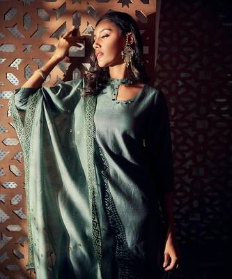 Chanderi Green kurta with pant and dupatta 6