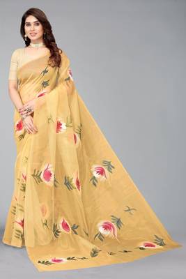 Beige hand painted organza saree with blouse 1