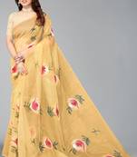 Beige hand painted organza saree with blouse