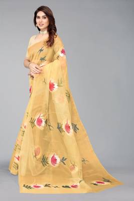 Beige hand painted organza saree with blouse 2