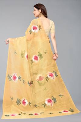 Beige hand painted organza saree with blouse 3