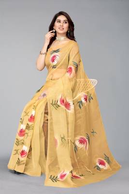 Beige hand painted organza saree with blouse 4