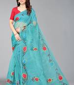 Turquoise hand painted organza saree with blouse