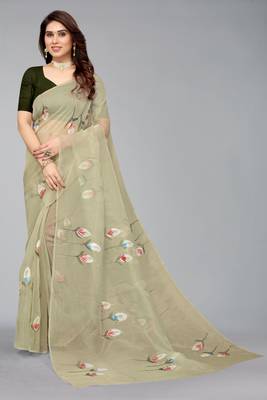 Glamrack  olive Green Hand Painted organza saree with blouse 1