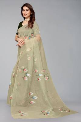 Glamrack  olive Green Hand Painted organza saree with blouse 2