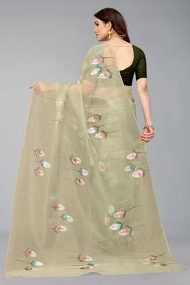 Glamrack  olive Green Hand Painted organza saree with blouse 3