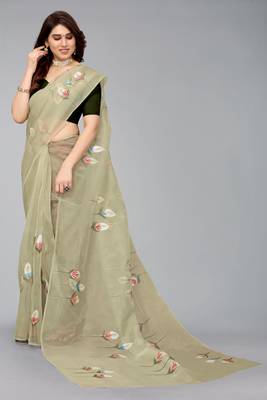 Glamrack  olive Green Hand Painted organza saree with blouse 4