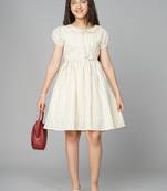 Beige printed cotton kids-frocks