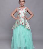 Turquoise plain jaquard kids-girl-gowns