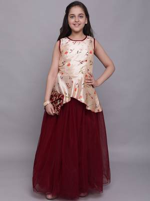 Maroon plain jaquard kids-girl-gowns 1