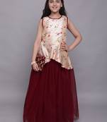 Maroon plain jaquard kids-girl-gowns