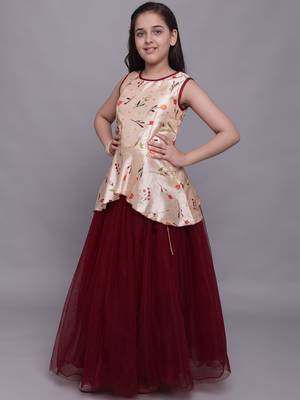 Maroon plain jaquard kids-girl-gowns 2