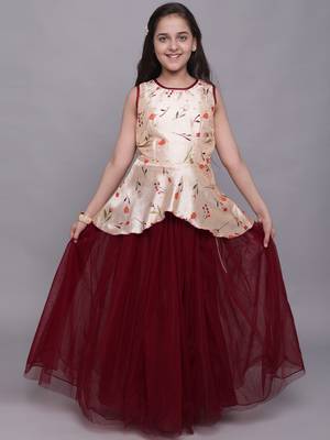 Maroon plain jaquard kids-girl-gowns 4