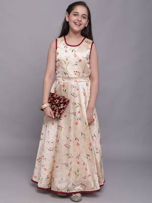 Beige plain jaquard kids-girl-gowns 1