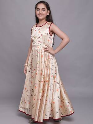Beige plain jaquard kids-girl-gowns 2