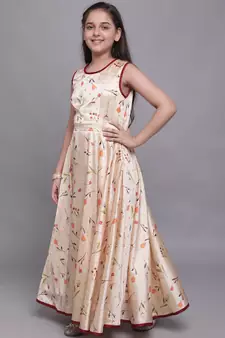 Beige plain jaquard kids-girl-gowns