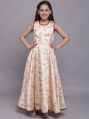 Beige plain jaquard kids-girl-gowns 4