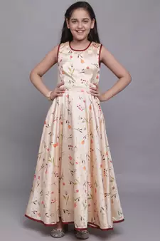 Beige plain jaquard kids-girl-gowns