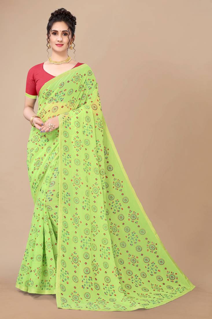 Glamrack  parrot green Bandhni printed georgette saree with blouse