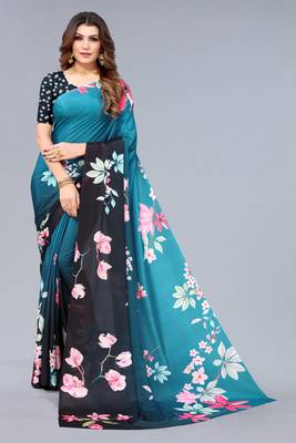 Turquoise printed chinon saree with blouse 1