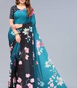 Turquoise printed chinon saree with blouse