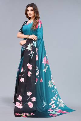 Turquoise printed chinon saree with blouse 2