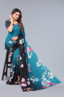 Turquoise printed chinon saree with blouse 3