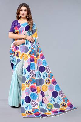 Multicolor printed chinon saree with blouse 1