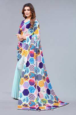 Multicolor printed chinon saree with blouse 2