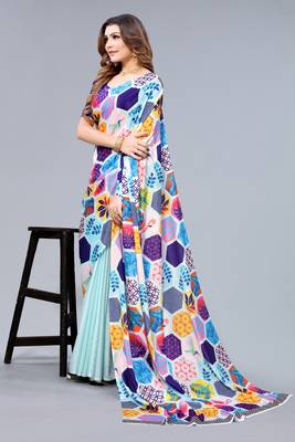 Multicolor printed chinon saree with blouse 3