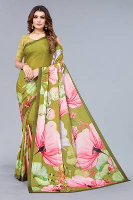 Olive Green printed chinon saree with blouse 1