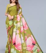 Olive Green printed chinon saree with blouse
