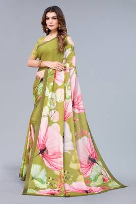 Olive Green printed chinon saree with blouse 2