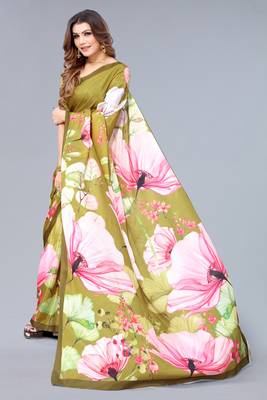 Olive Green printed chinon saree with blouse 3