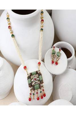 Traditional Square shaped Enameled Kundan and Pearl studded Pearl Drop Peandant and Earring Set 1