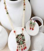 Traditional Square shaped Enameled Kundan and Pearl studded Pearl Drop Peandant and Earring Set