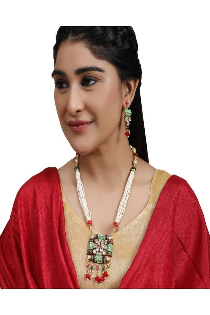 Traditional Square shaped Enameled Kundan and Pearl studded Pearl Drop Peandant and Earring Set